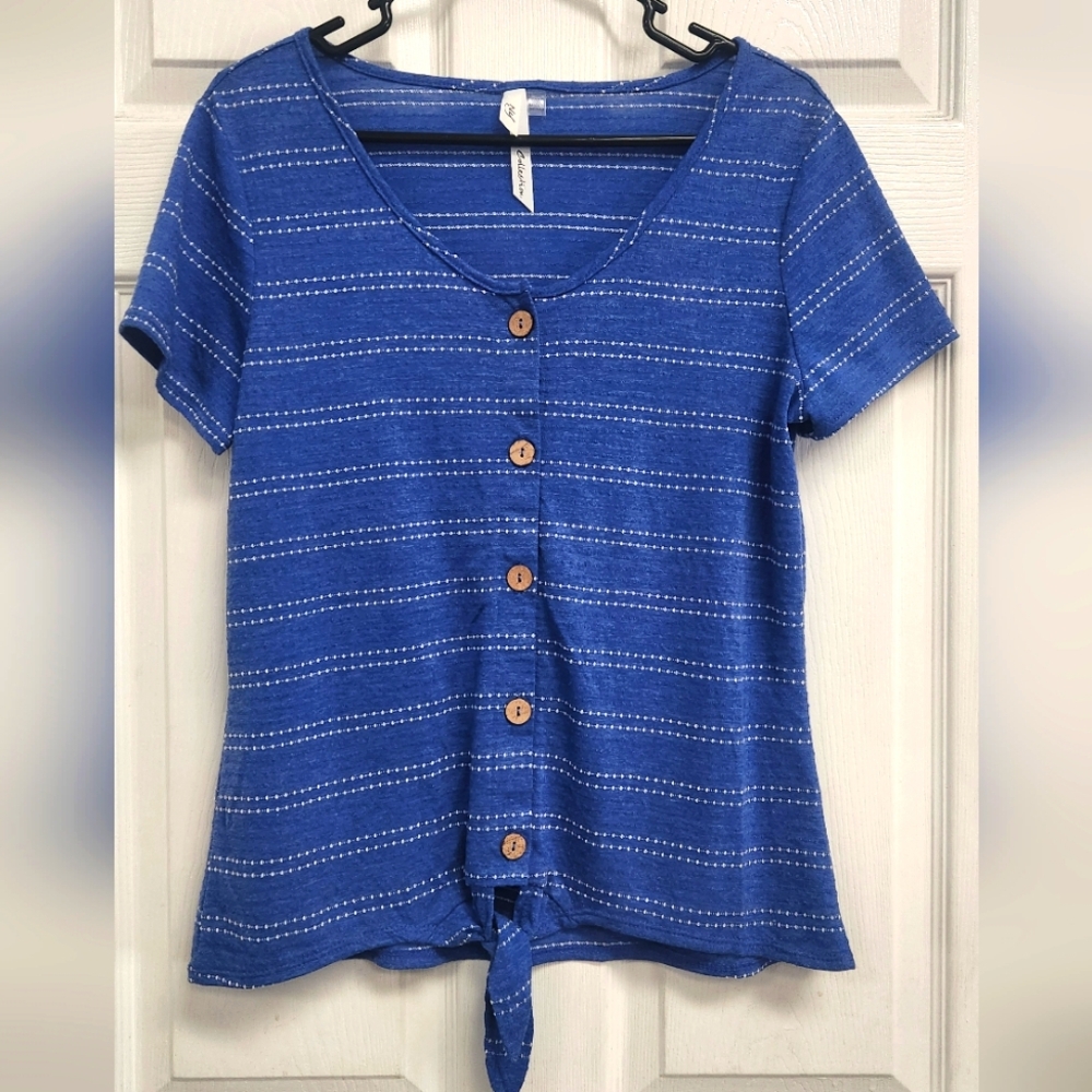 NY Collection Blue Short Sleeve Button Down Shirt with Tie Front